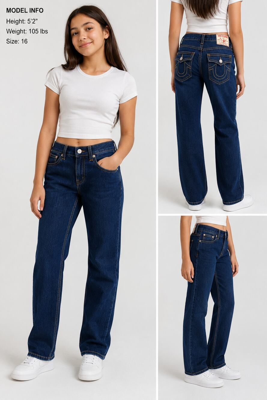 NWT True Religion Girls Ricky Relaxed Straight Jeans Size 16 Dark Wash Premium